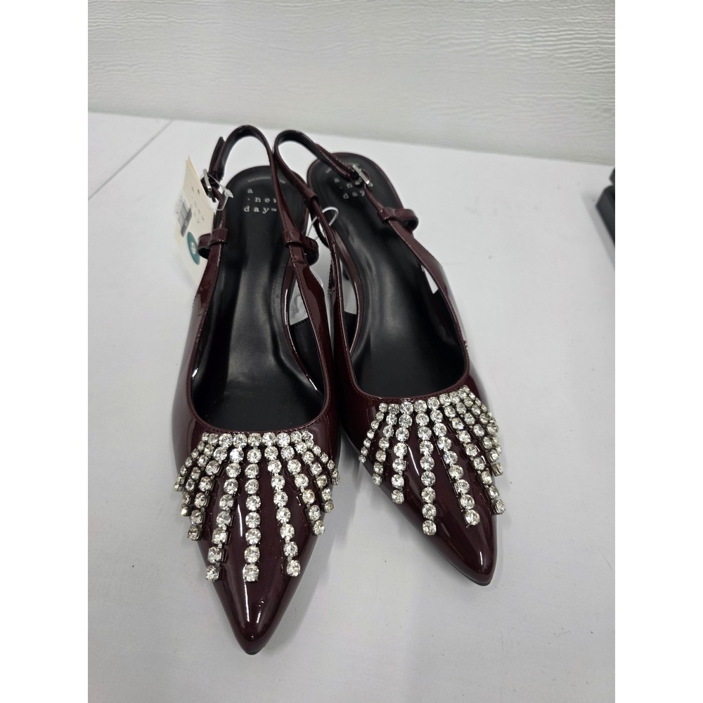 A New Day Womens Burgundy Patent Rhinestone Slingback Kitten Heel Pumps Size 9